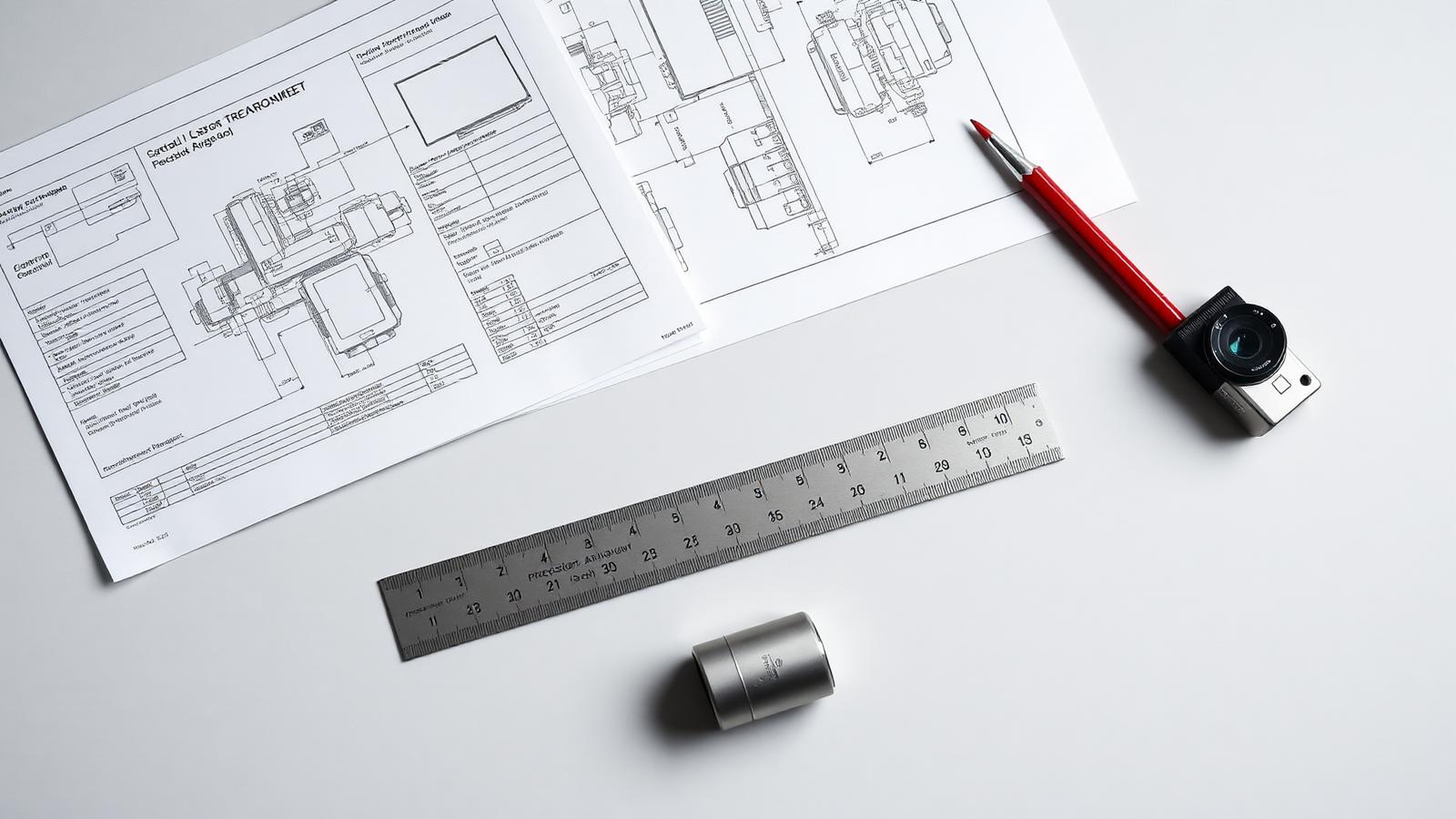 Specification sheets, a steel rule and a machined camera part on the studio bench